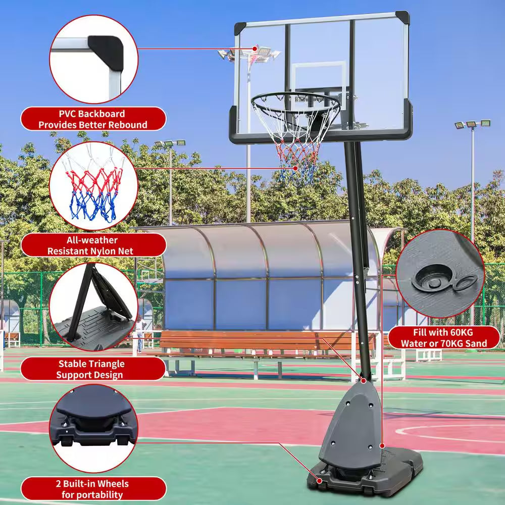 44 In. Backboard Portable Basketball Goal System with Stable Base and Wheels, Height Adjustable 6 to 10 Ft.